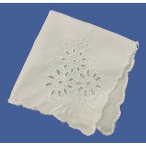 Vintage Italian‎ White Embroidered Floral Cutwork Handkerchief Scalloped Umbria
